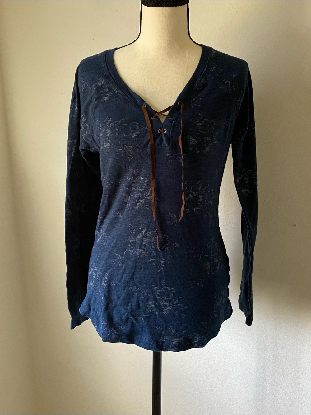 Chaps Women Navy Lace-Up Long Sleeve Top